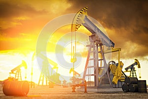 Oil pump jack and oil barrels. Oil production and extraction concept