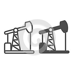 Oil pump jack, oil extraction station, rig line and solid icon, oil industry concept, pumpjack vector sign on white