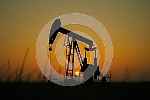 Oil pump jack silhouette against sunset