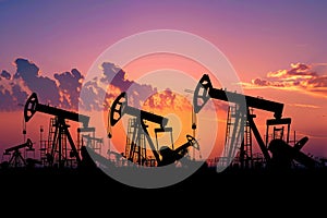 Oil pump jack silhouette against sunset