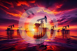 oil pump jacks in the sea against the backdrop of a bright sunset