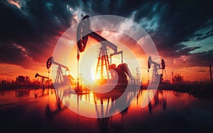 Oil pump oil rig energy industrial machine for petroleum in the sunset background for design