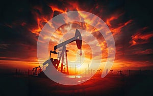 Oil pump oil rig energy industrial machine for petroleum in the sunset background for design