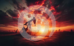 Oil pump oil rig energy industrial machine for petroleum in the sunset background for design