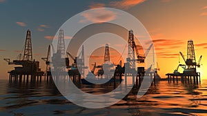 Oil pump oil rig energy industrial machine for petroleum in the sunset background for design. Generative AI