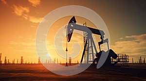 Oil pump oil rig energy industrial machine for petroleum in the sunset background for design, generative ai