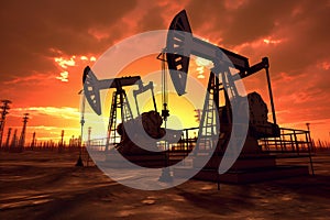 Oil pump oil rig energy industrial machine for petroleum in the sunset background. Generative AI