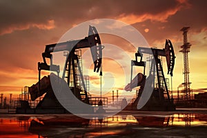 Oil pump oil rig energy industrial machine for petroleum in the sunset background. Generative AI