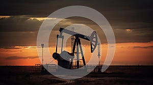 Oil pump, oil rig energy industrial machine for petroleum in the sunset background, generative ai
