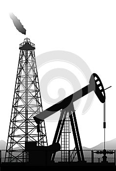 Oil pump and rig silhouette on white.