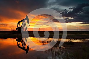 Oil pump setting at sunrise, capturing the energy of a new day. Generative AI