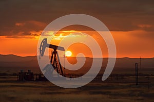 Oil pump setting at sunrise, capturing the energy of a new day. Generative AI