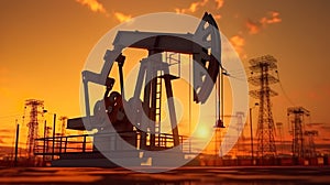 The oil pumping units by lakeside sunrise