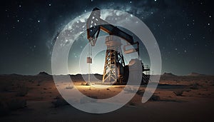 Oil pumpjack on oil well in night sandy desert beautiful moonlight sky, oil rich area production