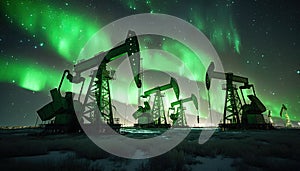 Oil pumpjack on oil well in wilderness beautiful northern lights aurora sky, oil field rich area