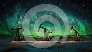 Oil pumpjack on oil well in wilderness beautiful northern lights aurora sky, oil field rich area