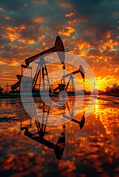 Oil pumps against a sunset stock photo. An oil pump extracting natural resources in the middle of a body of water
