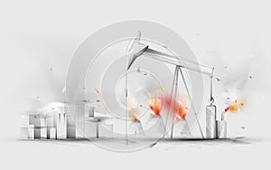 Oil pumps, Oil drill rig and pump jack. City air pollution. Concept of ecology and energy