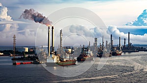 Oil Refinery Cargo Ships Overlooking Polluted Sky