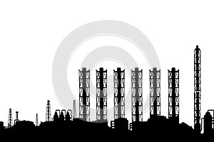 Oil refinery or chemical plant with pipes silhouette. Crude oil and gas processing plant. Detailed illustration of an oil refinery