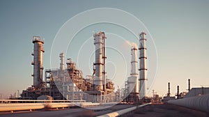 Oil refinery with clear skies and evening sun. Rafinery pipelines and chimneys against clear sky