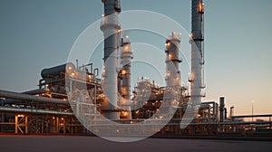 Oil refinery with clear skies and evening sun. Rafinery pipelines and chimneys against clear sky