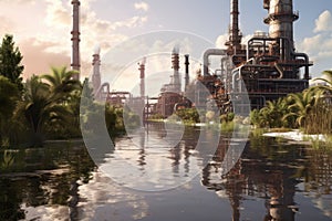 oil refinery complex with surrounding waterways