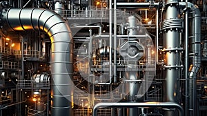 Oil refinery factory, complicated machinery full of steel pipes, oil and gas installation