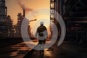 oil refinery factory, industrial worker, 3 d illustration, An offshore oil rig worker walks to an oil and gas facility to work in