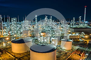 Oil refinery and gas petrochemical industry with storage tanks steel  pipeline area at twilight aerial view from drone