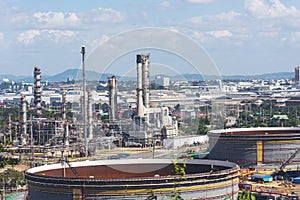 Oil refinery gas petrol plant industry with crude tank, gasoline supply and chemical factory. Petroleum barrel fuel heavy industry