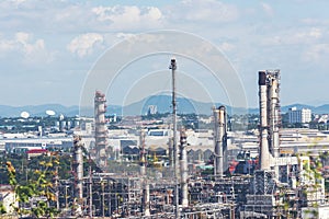 Oil refinery gas petrol plant industry with crude tank, gasoline supply and chemical factory. Petroleum barrel fuel heavy industry