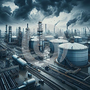 Oil refinery with heavy industry and cloudy sky