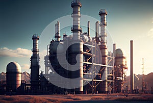 Oil refinery industrial plant with nature and sky background. Business and Industry concept. Digital art illustration. Generative