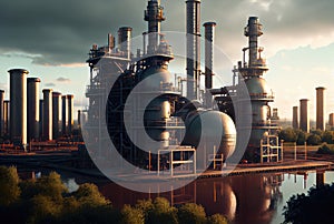 Oil refinery industrial plant with nature and sky background. Business and Industry concept. Digital art illustration. Generative