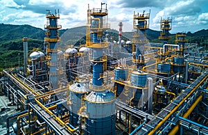 The oil refinery industry. A photo of an industrial oil and gas plant with large pipes