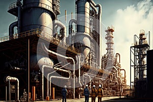 Oil refinery with people at work. Large industrial refinery with intricate pipelines. Generative Ai