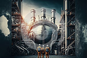 Oil refinery with people at work. Large industrial refinery with intricate pipelines. Generative Ai