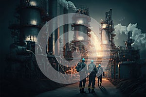 Oil refinery with people at work. Large industrial refinery with intricate pipelines. Generative Ai