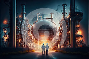 Oil refinery with people at work. Large industrial refinery with intricate pipelines. Generative Ai