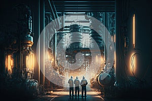 Oil refinery with people at work. Large industrial refinery with intricate pipelines. Generative Ai