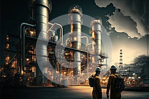 Oil refinery with people at work. Large industrial refinery with intricate pipelines. Generative Ai