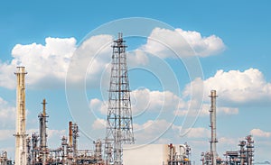 Oil refinery or petroleum refinery plant with blue sky background. Power and energy industry. Oil and gas production plant.