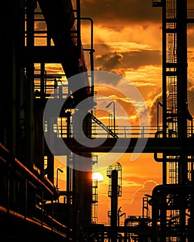 Oil refinery pipes across compartment units, sunset silhouette, industrial grandeur