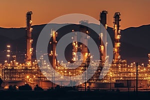 Oil refinery plant for crude oil industry on desert in evening twilight