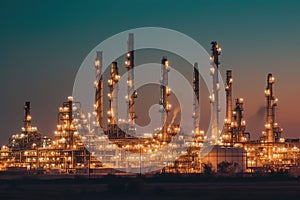 Oil refinery plant for crude oil industry on desert in evening twilight, energy industrial machine for petroleum gas production