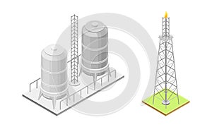 Oil refinery plant elements set. Oil rig with fire and tanks isometric vector illustration