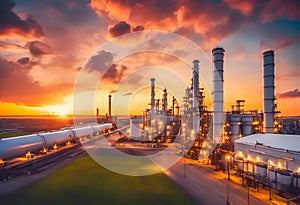 Oil refinery plant and industrial factory building with sky background at sunset, pipeline for transport oil and gas