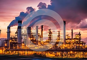 Oil refinery plant and industrial factory building with sky background at sunset, pipeline for transport oil and gas