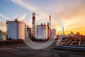 Oil refinery plant from industry zone, Aerial view oil and gas industrial, Refinery factory oil storage tank and pipeline steel at